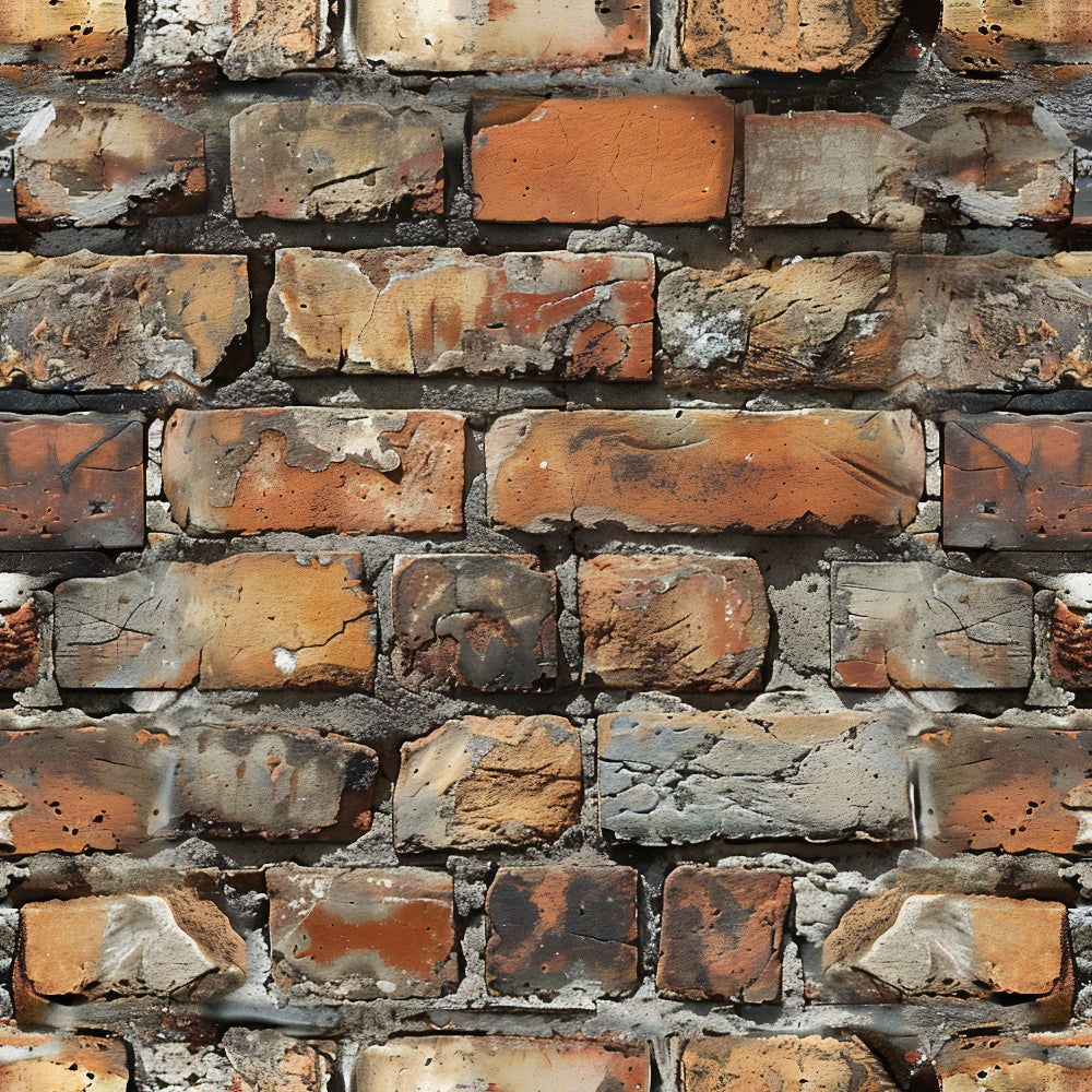 brick wall pattern, weathered bricks, terracotta, rust orange, gray mortar, tan brown, distressed texture, aged appearance, architectural design, masonry pattern,, fabric panel, realistic print, vintage look, cracked surface, muted tones, construction theme, building materials, textured bricks, stonework effect