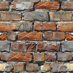 brick wall, weathered bricks, rustic pattern, terracotta, burnt orange, gray mortar, brown tones, aged texture, architectural design, distressed surface,, fabric panel, realistic print, urban style, vintage weathering, cracked bricks, masonry pattern, earthy colors, textural design