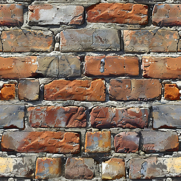 brick wall, weathered bricks, rustic pattern, terracotta, burnt orange, gray mortar, brown tones, aged texture, architectural design, distressed surface,, fabric panel, realistic print, urban style, vintage weathering, cracked bricks, masonry pattern, earthy colors, textural design