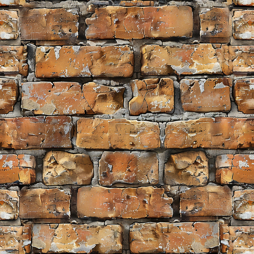 brick wall, weathered bricks, orange brown, rust colored, tan beige, gray mortar, aged texture, cracked surface, realistic pattern, architectural design, masonry effect, distressed appearance,, fabric panel, urban theme, industrial style, construction materials, building blocks, worn finish