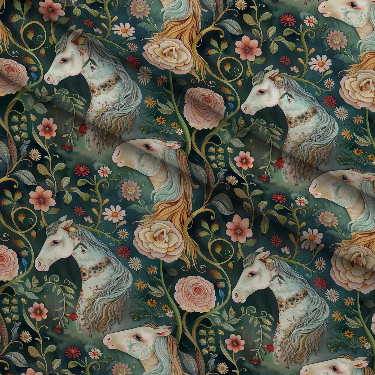Flowers and Horses Minky Fabric — plush minky folded close-up preview (mv-minky-v1:lying)