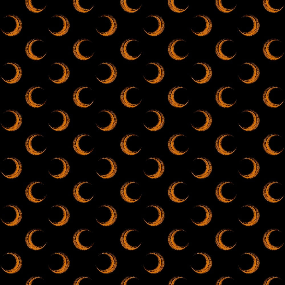 orange crescent moons, black background, repeating pattern, celestial motifs, halloween fabric,, moon phases, geometric arrangement, night sky theme, autumn colors, spooky elements, craft fabric, sewing material, seasonal design, cosmic pattern, orange and black, crescent shapes, halloween quilting, fabric panel, mystical mood