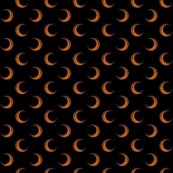 orange crescent moons, black background, repeating pattern, celestial motifs, halloween fabric,, moon phases, geometric arrangement, night sky theme, autumn colors, spooky elements, craft fabric, sewing material, seasonal design, cosmic pattern, orange and black, crescent shapes, halloween quilting, fabric panel, mystical mood