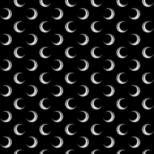 black background, white crescent moons, moon phases, celestial pattern, repeating design, monochrome, astronomical motifs, night sky theme, halloween fabric,, fabric panel, lunar cycle, mystical pattern, gothic style, spooky elements, celestial bodies, crescent shapes, alternating moons, cosmic design, witchy aesthetic