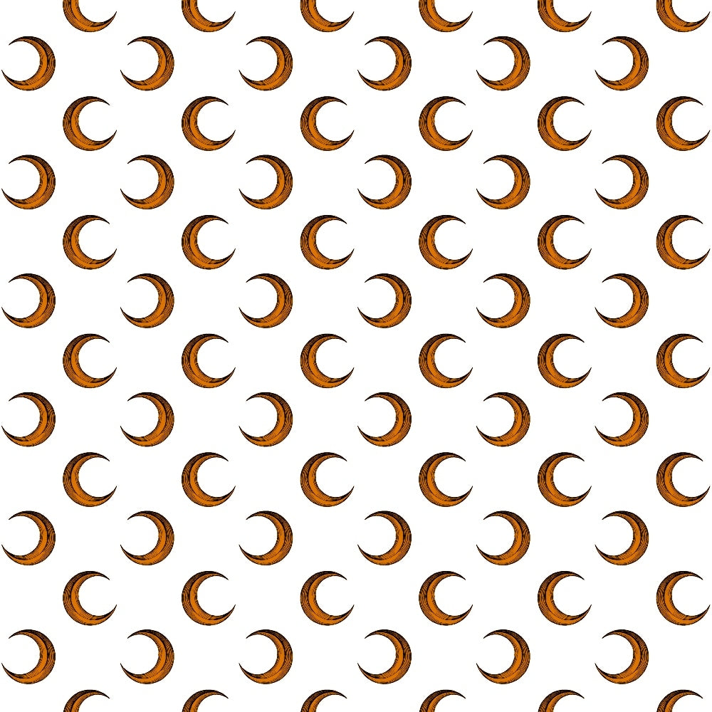 orange, brown, amber, crescent moon, moon phases, celestial pattern, repeating motif, halloween theme, autumn colors,, fabric panel, geometric arrangement, night sky, lunar design, seasonal fabric, crafting material, warm tones, mystical pattern, copper hues, halloween decor