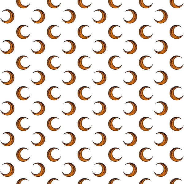 orange, brown, amber, crescent moon, moon phases, celestial pattern, repeating motif, halloween theme, autumn colors,, fabric panel, geometric arrangement, night sky, lunar design, seasonal fabric, crafting material, warm tones, mystical pattern, copper hues, halloween decor