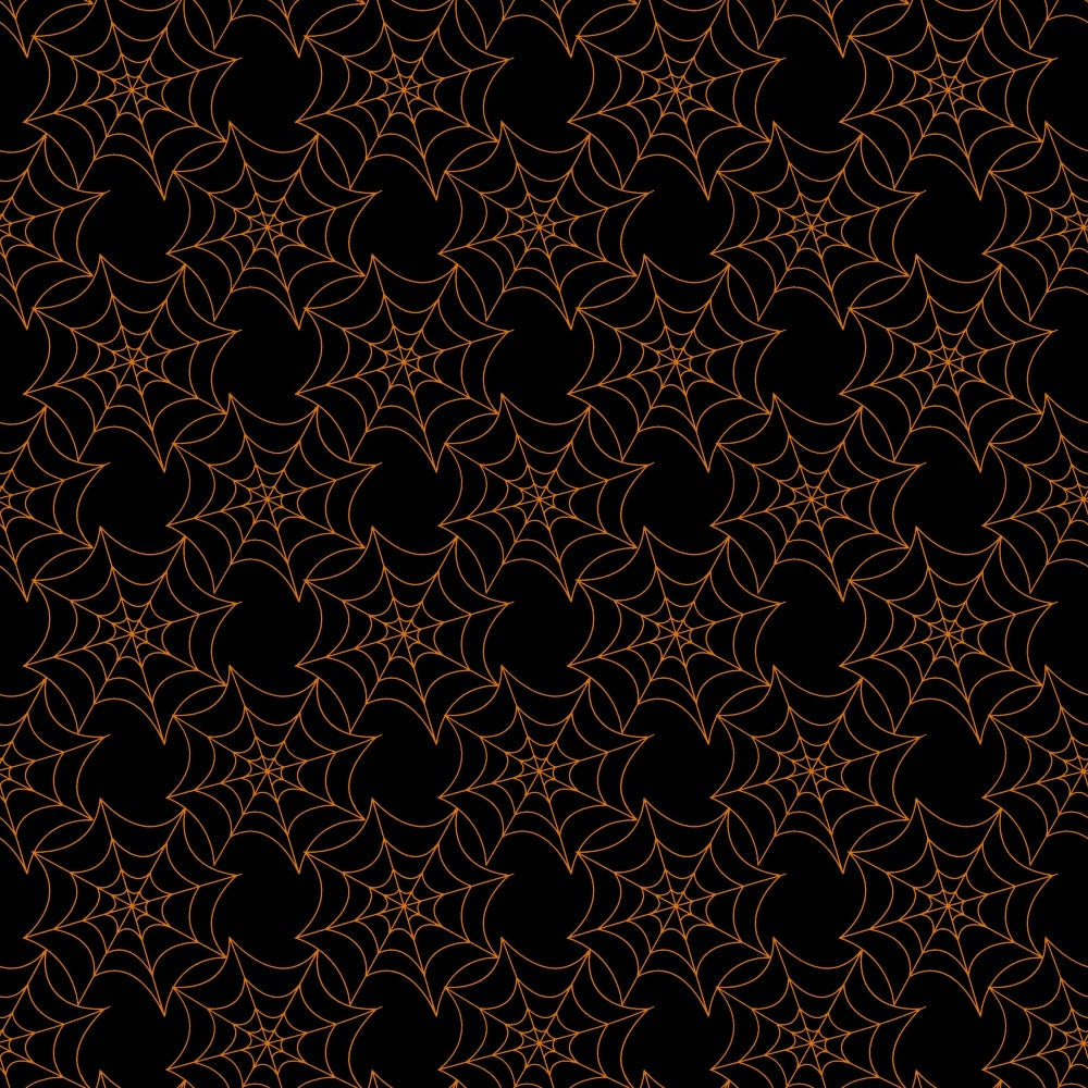 black background, orange lines, spider webs, geometric pattern, halloween theme, repeating design, intricate webbing, spooky motif, autumn colors,, fabric panel, seasonal fabric, web pattern, orange outlines, dark fabric, halloween decoration, craft fabric, sewing material, gothic style, holiday theme