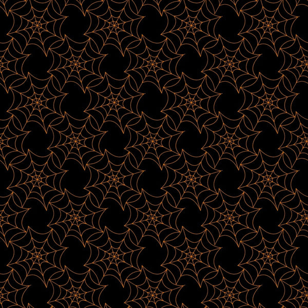 black background, orange lines, spider webs, geometric pattern, halloween theme, repeating design, intricate webbing, spooky motif, autumn colors,, fabric panel, seasonal fabric, web pattern, orange outlines, dark fabric, halloween decoration, craft fabric, sewing material, gothic style, holiday theme