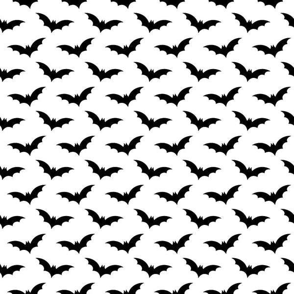 black and white, bat silhouettes, halloween pattern, repeating design, monochrome, spooky motif, flying bats, geometric arrangement,, fabric panel, seasonal design, gothic style, minimalist pattern, high contrast, halloween decor, crafting material, sewing fabric, october theme, bat wings, dark aesthetic