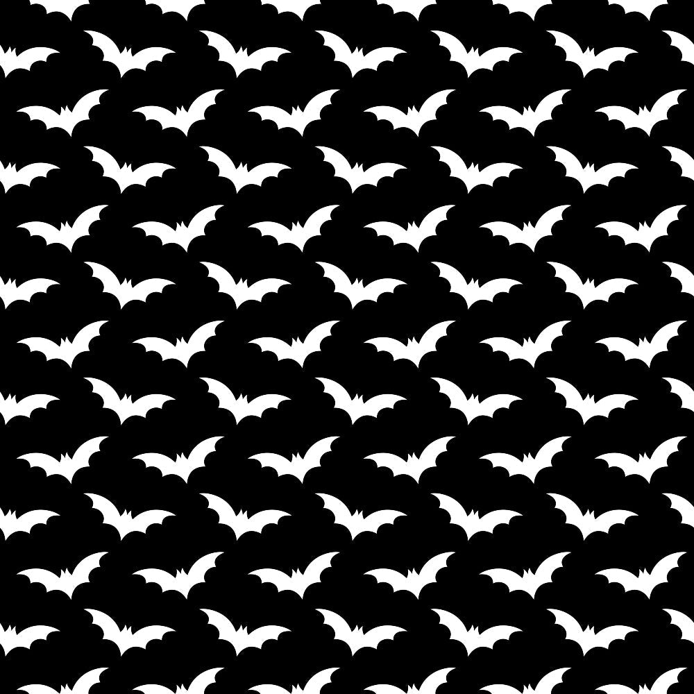 black, white, bats, halloween, spooky, gothic, monochrome, repeating pattern, silhouettes, flying bats,, fabric panel, seasonal, october, nocturnal creatures, wings, dark aesthetic, horror theme, costume fabric, craft material