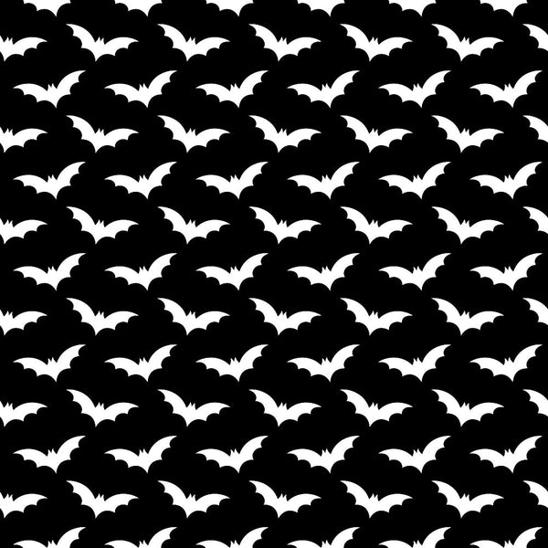 black, white, bats, halloween, spooky, gothic, monochrome, repeating pattern, silhouettes, flying bats,, fabric panel, seasonal, october, nocturnal creatures, wings, dark aesthetic, horror theme, costume fabric, craft material