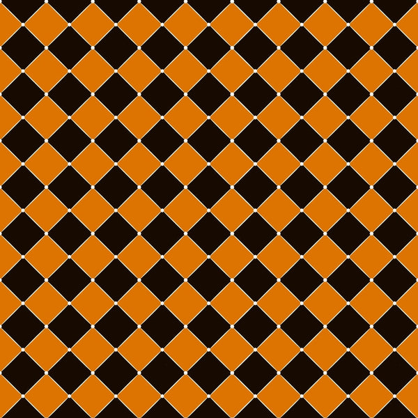 orange, black, checkerboard pattern, diamond shapes, geometric design, alternating squares, halloween colors, seasonal fabric,, fabric panel, autumn theme, spooky colors, tessellation, repetitive pattern, craft fabric, sewing material, holiday fabric, orange and black checkers