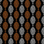 black background, orange damask, white damask, ornate medallions, baroque scrollwork, decorative motifs, vertical stripes, alternating pattern, elegant florals, intricate swirls, halloween colors, gothic style, sophisticated design,, fabric panel, ornamental elements, damask pattern, filigree details, seasonal fabric, luxury motifs