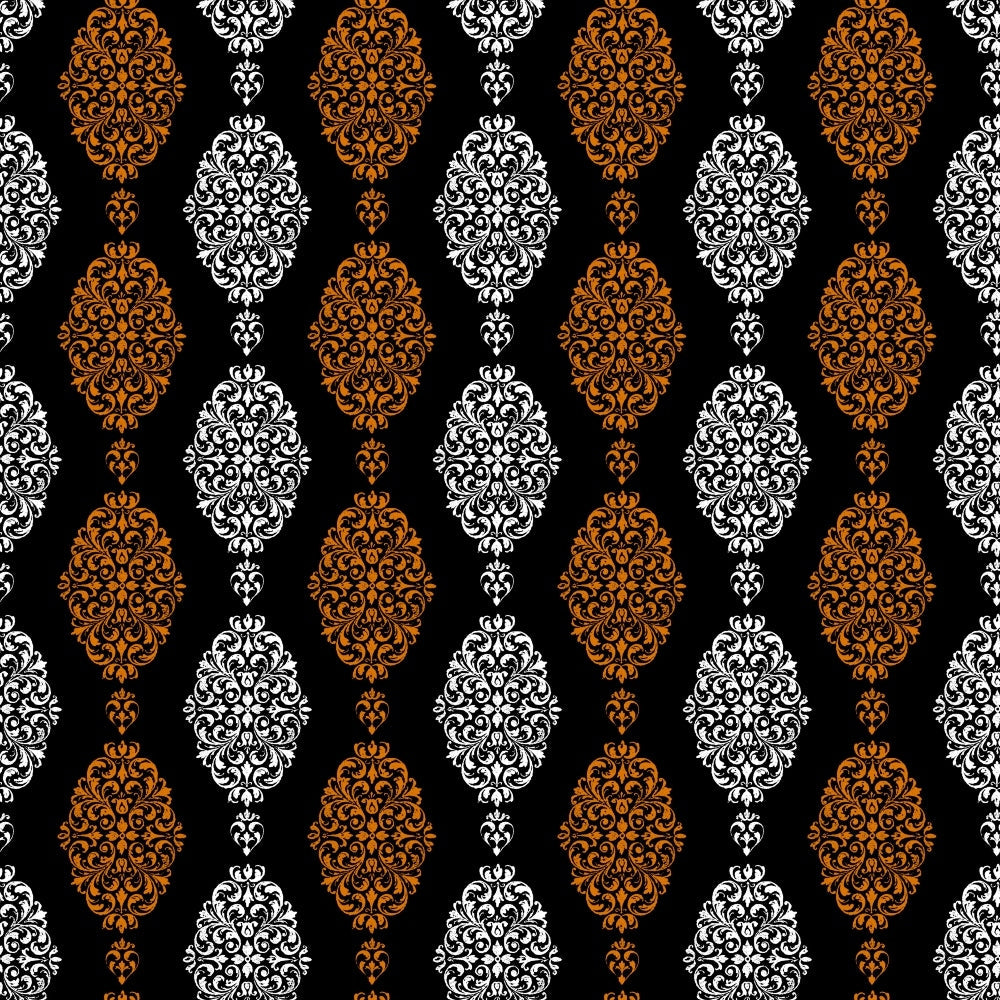 black background, orange damask, white damask, ornate medallions, baroque scrollwork, decorative motifs, vertical stripes, alternating pattern, elegant florals, intricate swirls, halloween colors, gothic style, sophisticated design,, fabric panel, ornamental elements, damask pattern, filigree details, seasonal fabric, luxury motifs