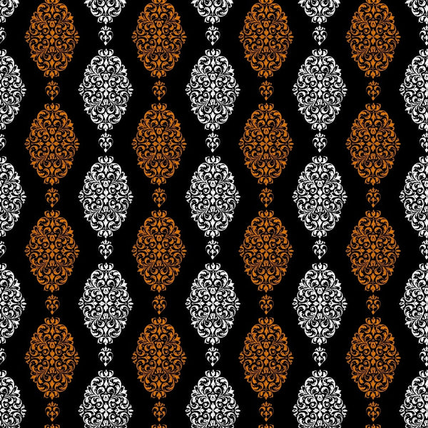 black background, orange damask, white damask, ornate medallions, baroque scrollwork, decorative motifs, vertical stripes, alternating pattern, elegant florals, intricate swirls, halloween colors, gothic style, sophisticated design,, fabric panel, ornamental elements, damask pattern, filigree details, seasonal fabric, luxury motifs