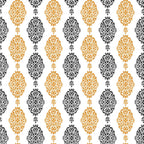 orange, black, white, damask pattern, ornate motifs, baroque design, decorative medallions, intricate scrollwork, halloween colors,, fabric panel, elegant pattern, vintage style, formal design, repeating motifs, sophisticated print, autumn themed, seasonal fabric, cotton material, crafting fabric