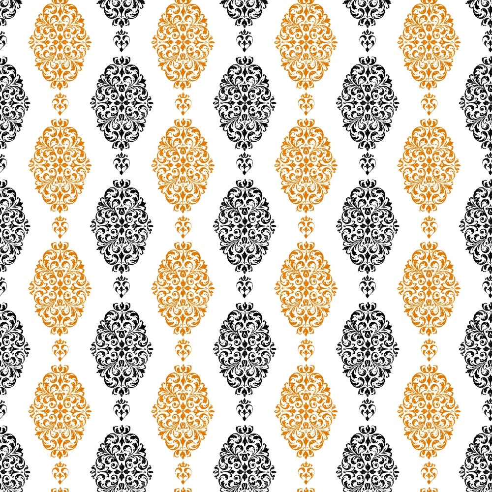 orange, black, white, damask pattern, ornate motifs, baroque design, decorative medallions, intricate scrollwork, halloween colors,, fabric panel, elegant pattern, vintage style, formal design, repeating motifs, sophisticated print, autumn themed, seasonal fabric, cotton material, crafting fabric