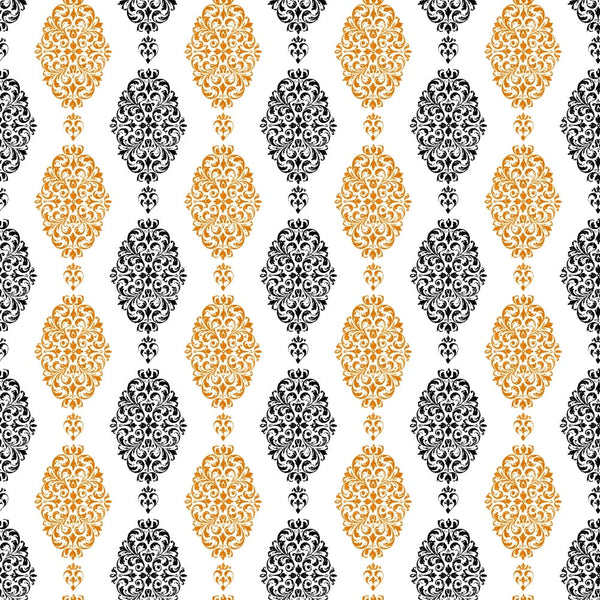 orange, black, white, damask pattern, ornate motifs, baroque design, decorative medallions, intricate scrollwork, halloween colors,, fabric panel, elegant pattern, vintage style, formal design, repeating motifs, sophisticated print, autumn themed, seasonal fabric, cotton material, crafting fabric