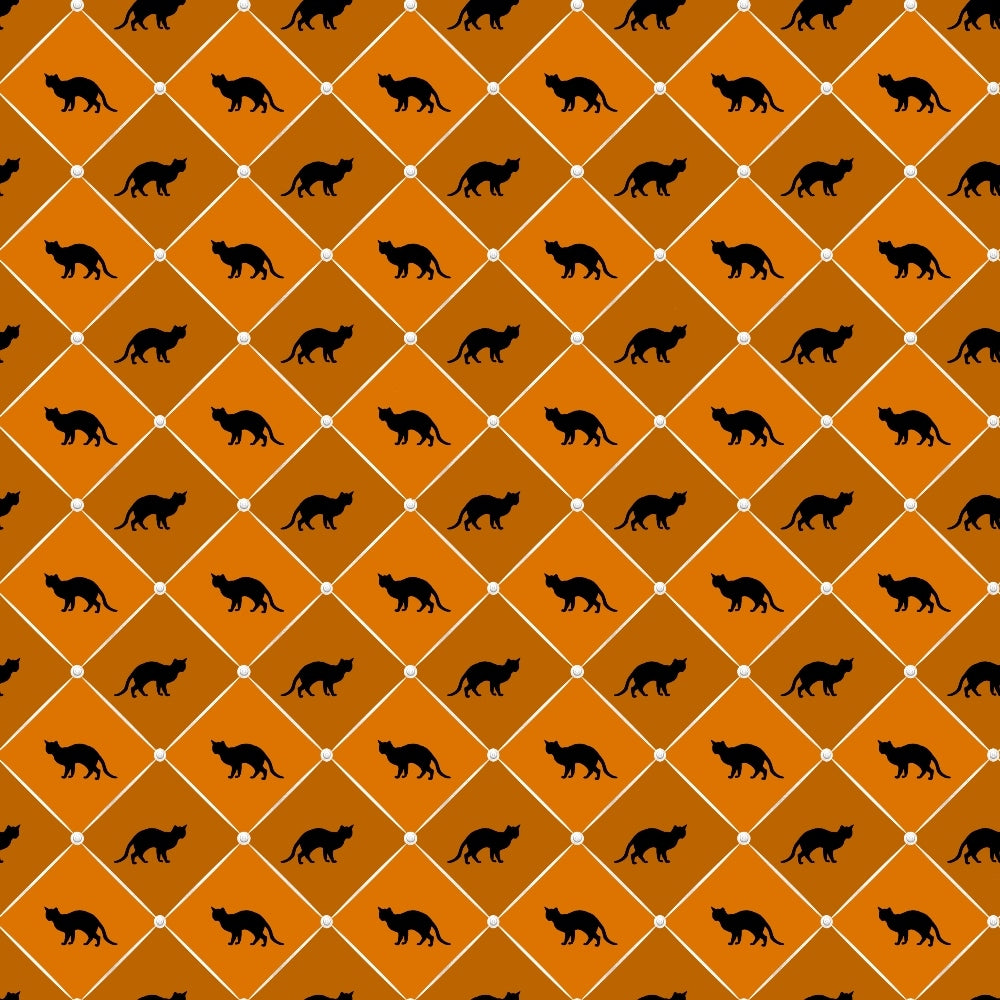 orange, black, white, diamond grid, cat silhouettes, geometric pattern, halloween, autumn,, fabric panel, spooky, feline motifs, seasonal, checkered layout, orange gradient, witchy, october, fall colors, repeating pattern, craft fabric