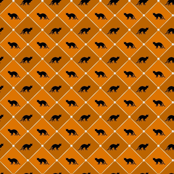 orange, black, white, diamond grid, cat silhouettes, geometric pattern, halloween, autumn,, fabric panel, spooky, feline motifs, seasonal, checkered layout, orange gradient, witchy, october, fall colors, repeating pattern, craft fabric