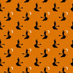 orange background, witch silhouettes, broomstick, crescent moon, white stars, halloween pattern, repeating motif,, fabric panel, spooky theme, autumn colors, magical elements, flying witch, pointed hat, seasonal fabric, orange and black, celestial elements, halloween crafting, cotton fabric, witch design