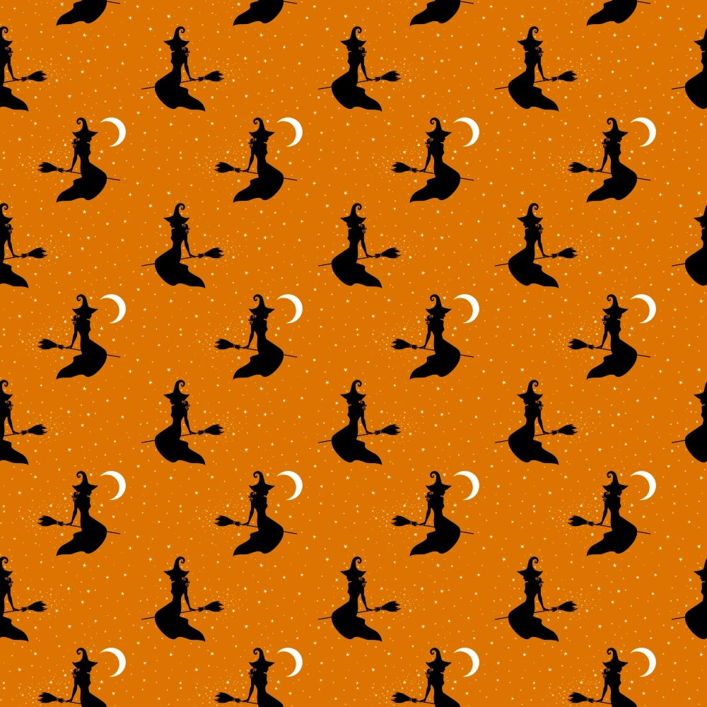 orange background, witch silhouettes, broomstick, crescent moon, white stars, halloween pattern, repeating motif,, fabric panel, spooky theme, autumn colors, magical elements, flying witch, pointed hat, seasonal fabric, orange and black, celestial elements, halloween crafting, cotton fabric, witch design