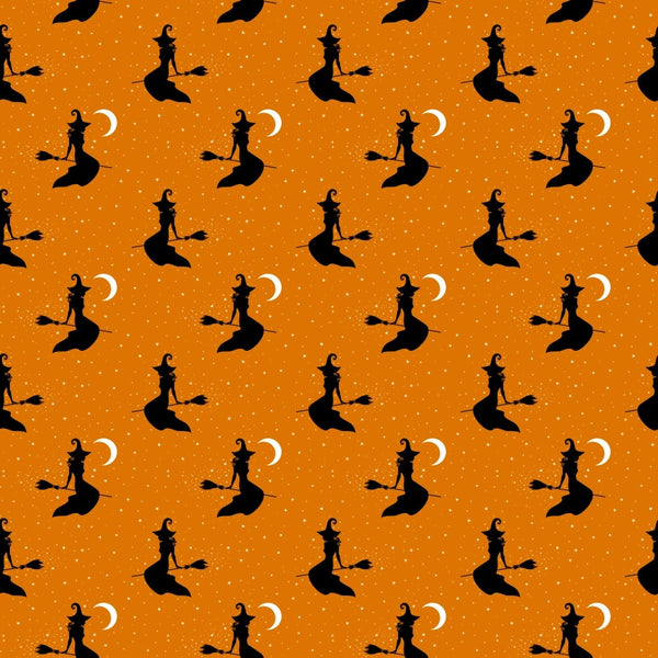 orange background, witch silhouettes, broomstick, crescent moon, white stars, halloween pattern, repeating motif,, fabric panel, spooky theme, autumn colors, magical elements, flying witch, pointed hat, seasonal fabric, orange and black, celestial elements, halloween crafting, cotton fabric, witch design