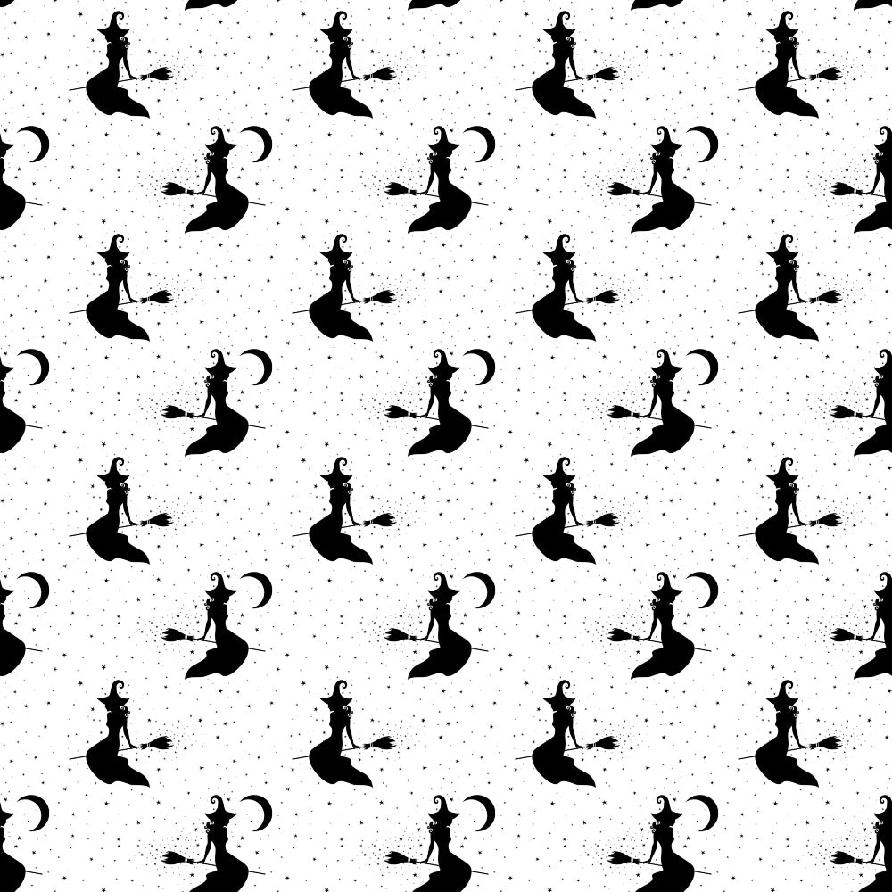 black and white, witch silhouettes, crescent moon, polka dots, halloween theme, spooky pattern, magical motifs, monochrome design,, fabric panel, witches flying, mystical atmosphere, october holiday, enchanted pattern, broomstick silhouettes, lunar design, gothic style, seasonal fabric, crafting material