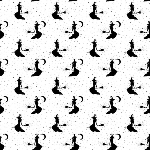 black and white, witch silhouettes, crescent moon, polka dots, halloween theme, spooky pattern, magical motifs, monochrome design,, fabric panel, witches flying, mystical atmosphere, october holiday, enchanted pattern, broomstick silhouettes, lunar design, gothic style, seasonal fabric, crafting material