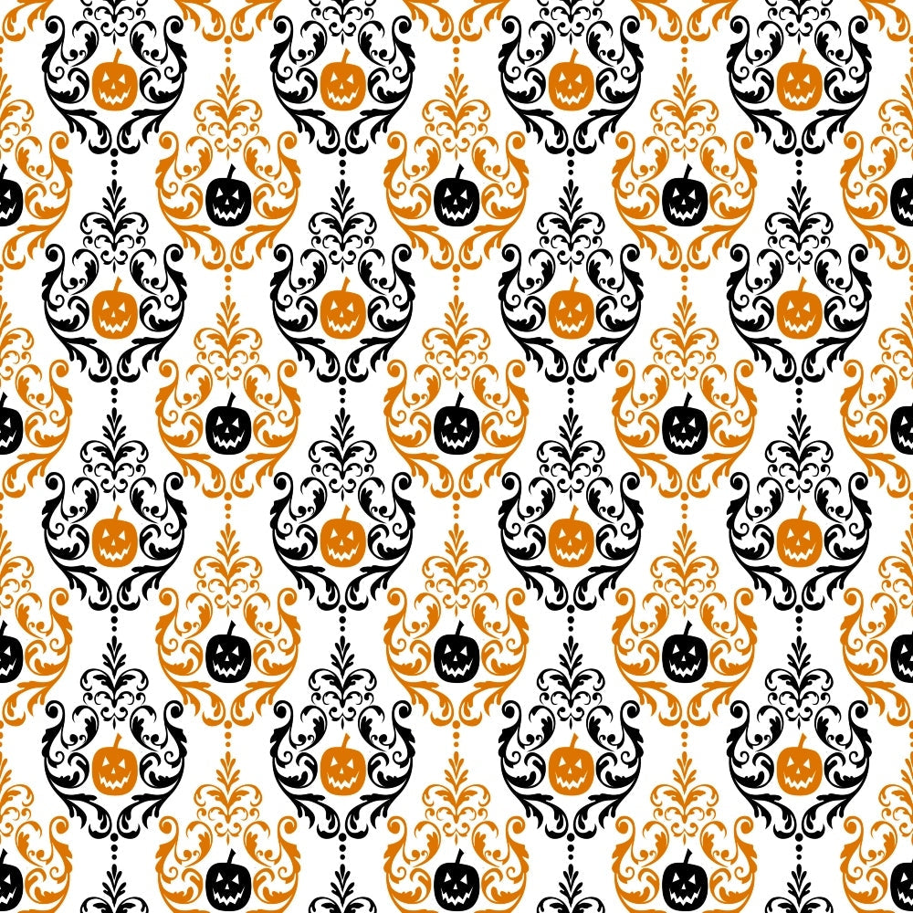 orange, black, white, damask pattern, baroque scrollwork, jack-o'-lantern, pumpkin faces, halloween motif, ornate flourishes, decorative swirls, spooky elegant, autumn themed,, fabric panel, seamless repeat, victorian style, gothic ornamental, seasonal fabric, craft material, sophisticated halloween