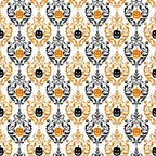 orange, black, white, damask pattern, baroque scrollwork, jack-o'-lantern, pumpkin faces, halloween motif, ornate flourishes, decorative swirls, spooky elegant, autumn themed,, fabric panel, seamless repeat, victorian style, gothic ornamental, seasonal fabric, craft material, sophisticated halloween