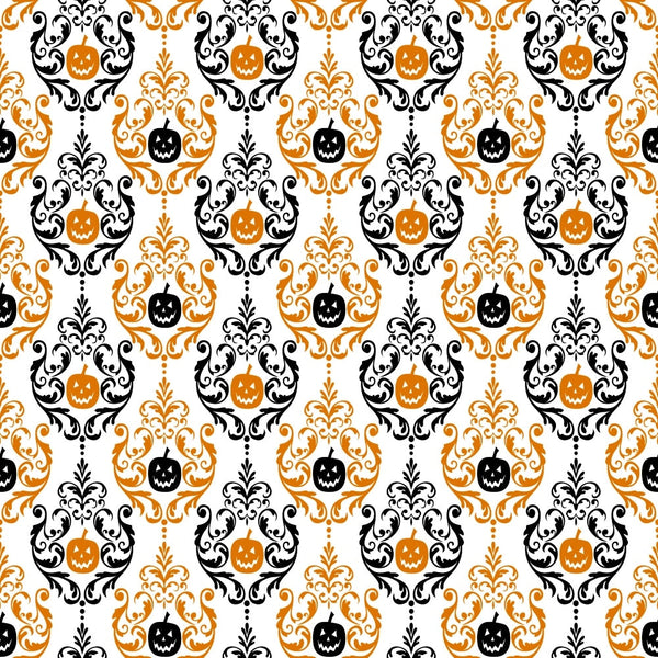 orange, black, white, damask pattern, baroque scrollwork, jack-o'-lantern, pumpkin faces, halloween motif, ornate flourishes, decorative swirls, spooky elegant, autumn themed,, fabric panel, seamless repeat, victorian style, gothic ornamental, seasonal fabric, craft material, sophisticated halloween