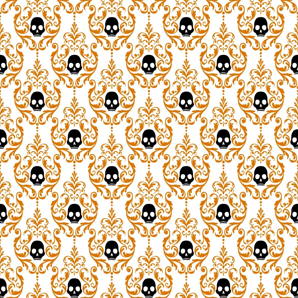 orange, black, white, skulls, damask pattern, baroque scrollwork, ornate flourishes, gothic motif, halloween theme, spooky design, repeating pattern,, fabric panel, decorative swirls, elegant gothic, seasonal fabric, contrast colors, symmetrical design, victorian inspired