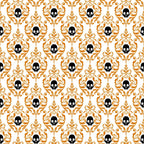 orange, black, white, skulls, damask pattern, baroque scrollwork, ornate flourishes, gothic motif, halloween theme, spooky design, repeating pattern,, fabric panel, decorative swirls, elegant gothic, seasonal fabric, contrast colors, symmetrical design, victorian inspired