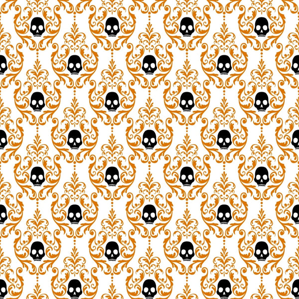orange, black, white, skulls, damask pattern, baroque scrollwork, ornate flourishes, gothic motif, halloween theme, spooky design, repeating pattern,, fabric panel, decorative swirls, elegant gothic, seasonal fabric, contrast colors, symmetrical design, victorian inspired