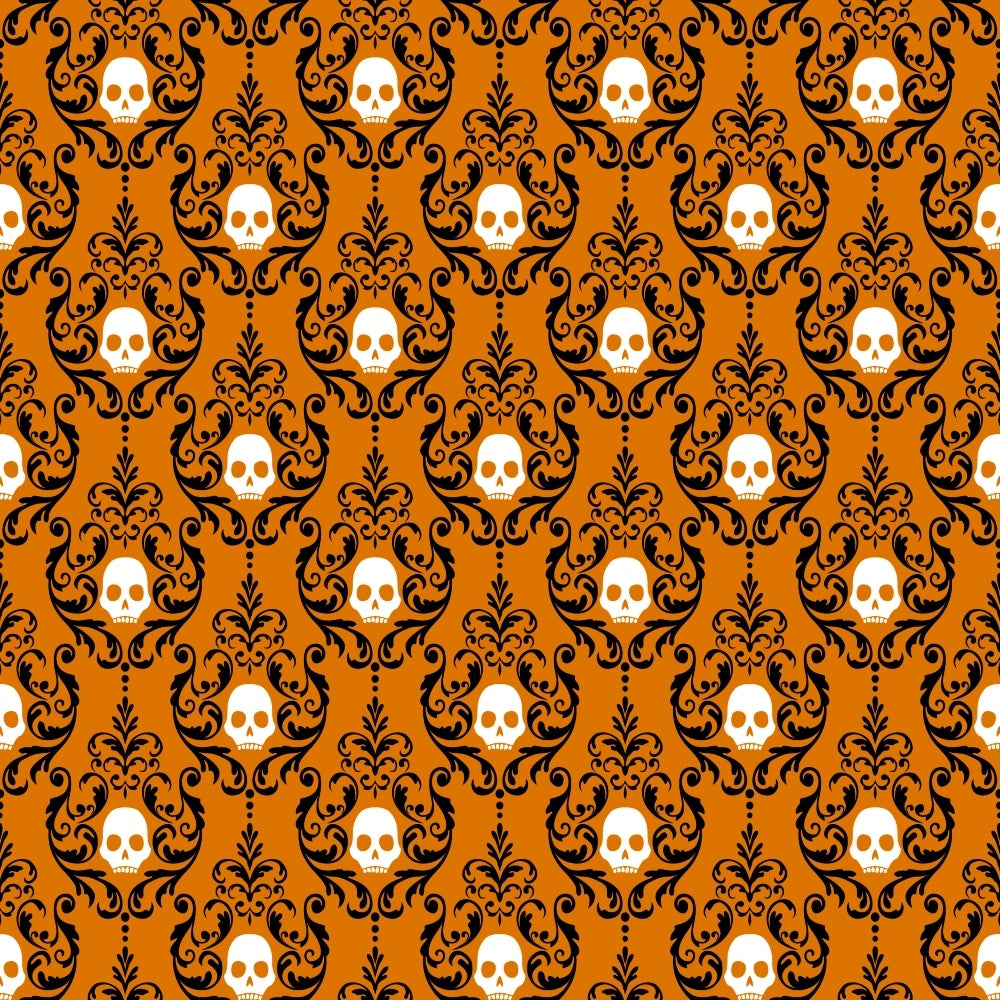 orange fabric, black scrollwork, white skulls, damask pattern, baroque ornaments, halloween motif, spooky elegance, decorative swirls, repeating pattern,, fabric panel, ornate design, gothic style, seasonal fabric, intricate flourishes, symmetrical layout, fleur-de-lis elements, vintage ornaments, dark aesthetic