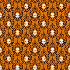 orange fabric, black scrollwork, white skulls, damask pattern, baroque ornaments, halloween motif, spooky elegance, decorative swirls, repeating pattern,, fabric panel, ornate design, gothic style, seasonal fabric, intricate flourishes, symmetrical layout, fleur-de-lis elements, vintage ornaments, dark aesthetic