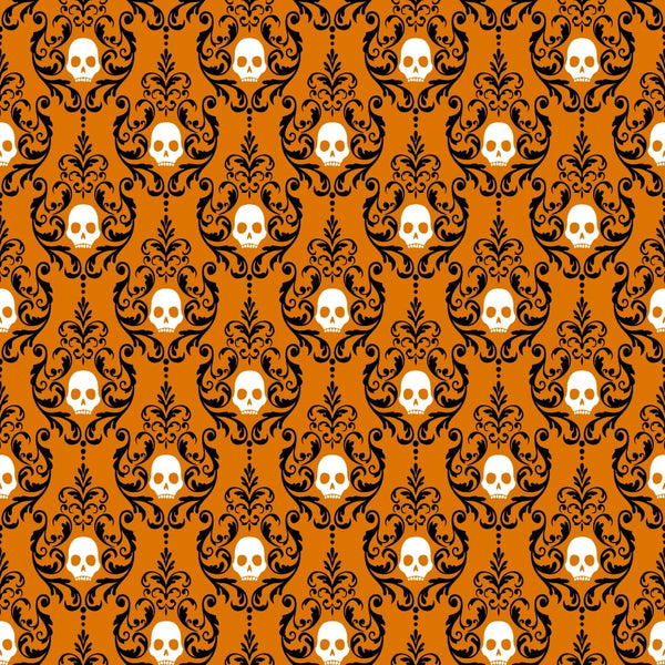 orange fabric, black scrollwork, white skulls, damask pattern, baroque ornaments, halloween motif, spooky elegance, decorative swirls, repeating pattern,, fabric panel, ornate design, gothic style, seasonal fabric, intricate flourishes, symmetrical layout, fleur-de-lis elements, vintage ornaments, dark aesthetic
