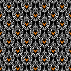 black background, white scrollwork, orange bats, damask pattern, baroque design, ornate swirls, halloween motif, repeating pattern,, fabric panel, gothic style, decorative flourishes, victorian ornament, spooky elegant, autumn colors, intricate design, formal pattern, seasonal fabric, bat silhouettes, ornamental style