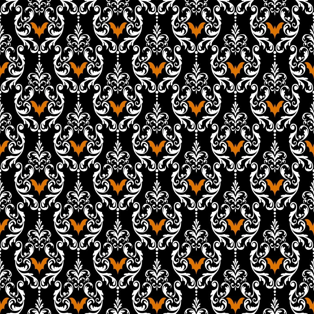 black background, white scrollwork, orange bats, damask pattern, baroque design, ornate swirls, halloween motif, repeating pattern,, fabric panel, gothic style, decorative flourishes, victorian ornament, spooky elegant, autumn colors, intricate design, formal pattern, seasonal fabric, bat silhouettes, ornamental style