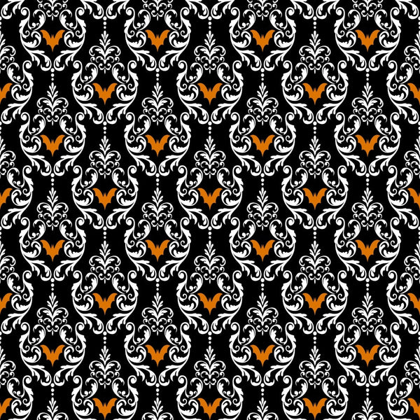 black background, white scrollwork, orange bats, damask pattern, baroque design, ornate swirls, halloween motif, repeating pattern,, fabric panel, gothic style, decorative flourishes, victorian ornament, spooky elegant, autumn colors, intricate design, formal pattern, seasonal fabric, bat silhouettes, ornamental style