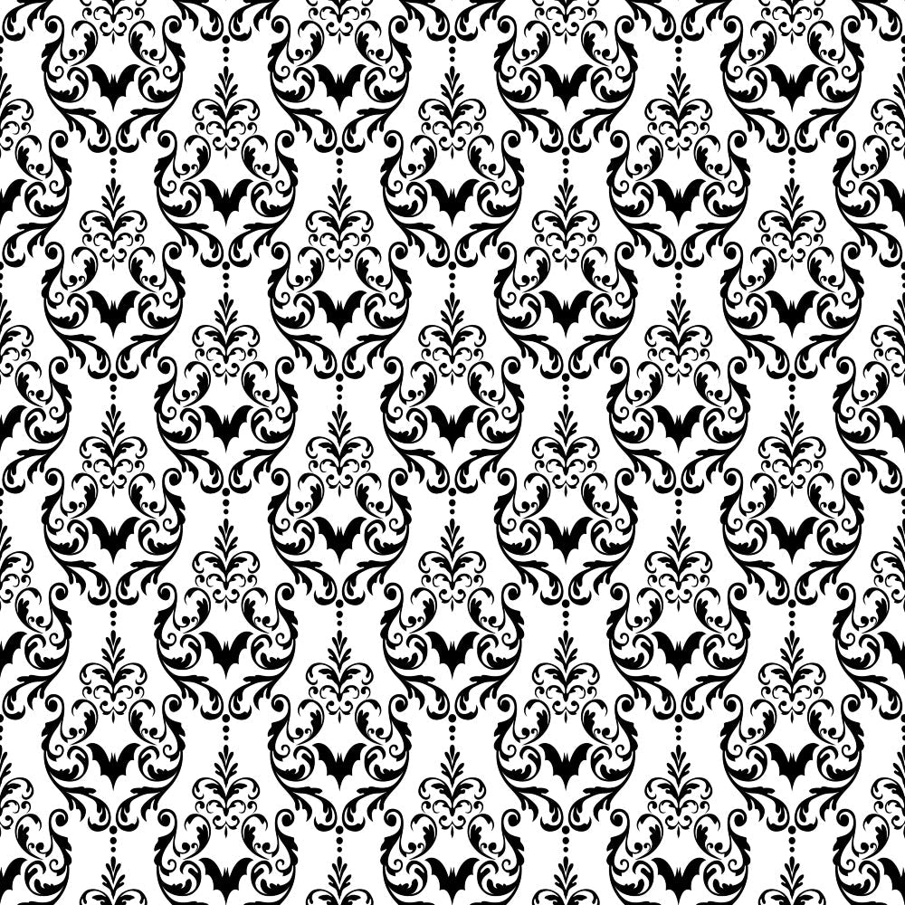 black and white, damask pattern, ornate scrollwork, baroque design, gothic elegance, floral motifs, symmetrical design, decorative swirls, vintage ornamental, intricate details, repeating pattern,, fabric panel, halloween theme, sophisticated pattern, monochrome design, elaborate flourishes, formal decoration