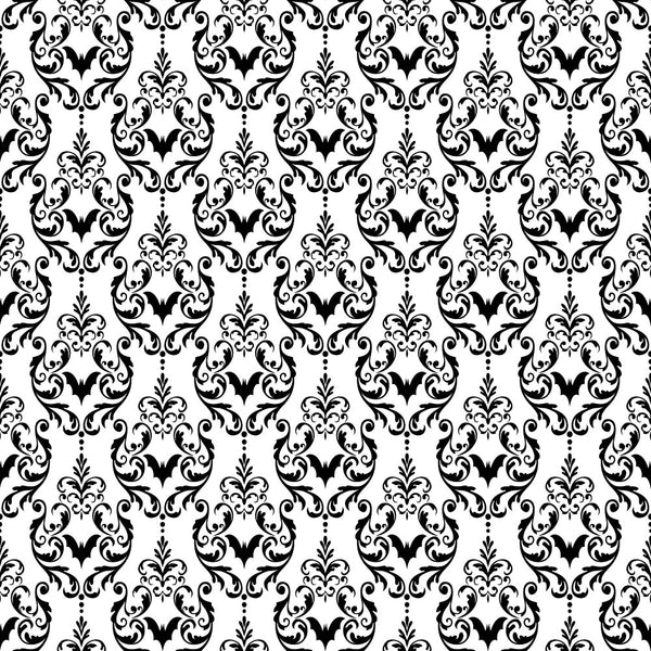 black and white, damask pattern, ornate scrollwork, baroque design, gothic elegance, floral motifs, symmetrical design, decorative swirls, vintage ornamental, intricate details, repeating pattern,, fabric panel, halloween theme, sophisticated pattern, monochrome design, elaborate flourishes, formal decoration