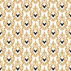 orange, black, white, bats, damask pattern, ornate scrollwork, baroque design, fleur-de-lis, repeating motifs, halloween theme, spooky elements, decorative swirls,, fabric panel, elegant pattern, gothic style, autumn colors, intricate details, symmetrical design