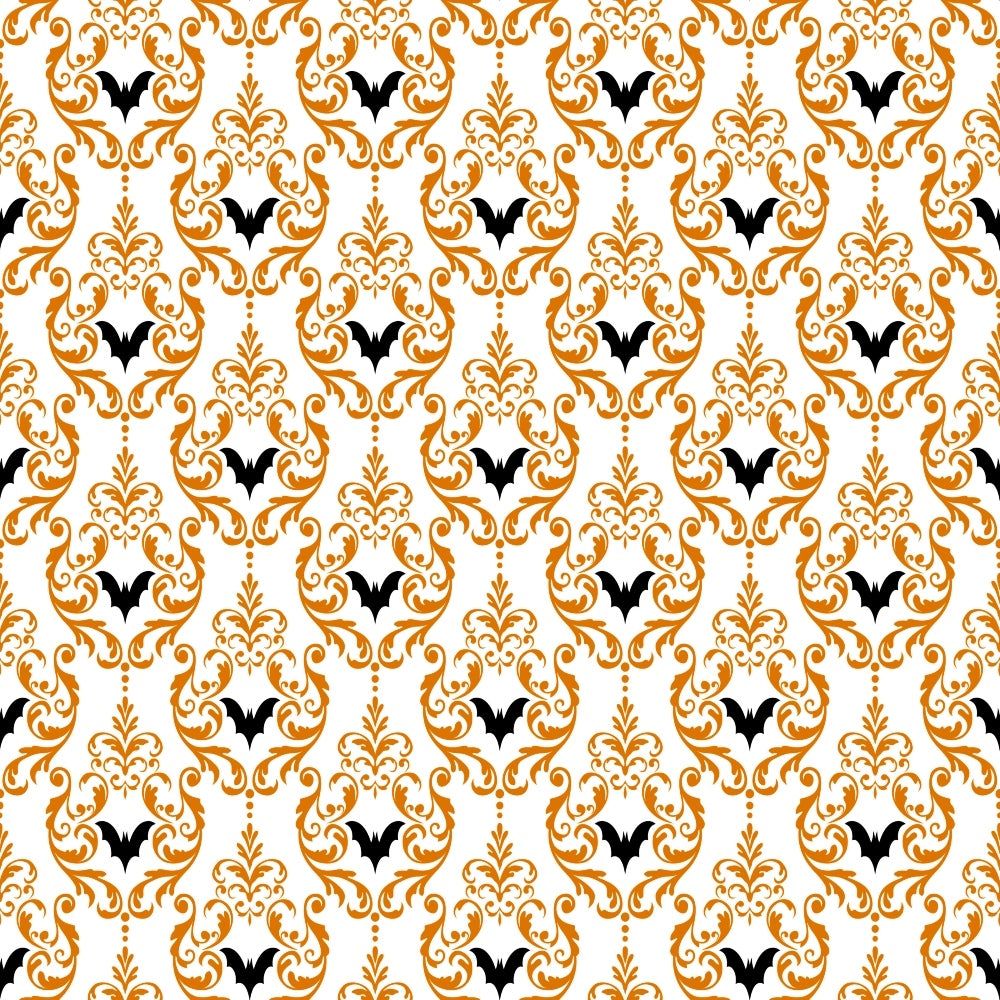 orange, black, white, bats, damask pattern, ornate scrollwork, baroque design, fleur-de-lis, repeating motifs, halloween theme, spooky elements, decorative swirls,, fabric panel, elegant pattern, gothic style, autumn colors, intricate details, symmetrical design