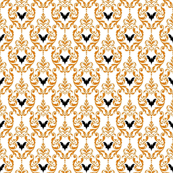 orange, black, white, bats, damask pattern, ornate scrollwork, baroque design, fleur-de-lis, repeating motifs, halloween theme, spooky elements, decorative swirls,, fabric panel, elegant pattern, gothic style, autumn colors, intricate details, symmetrical design