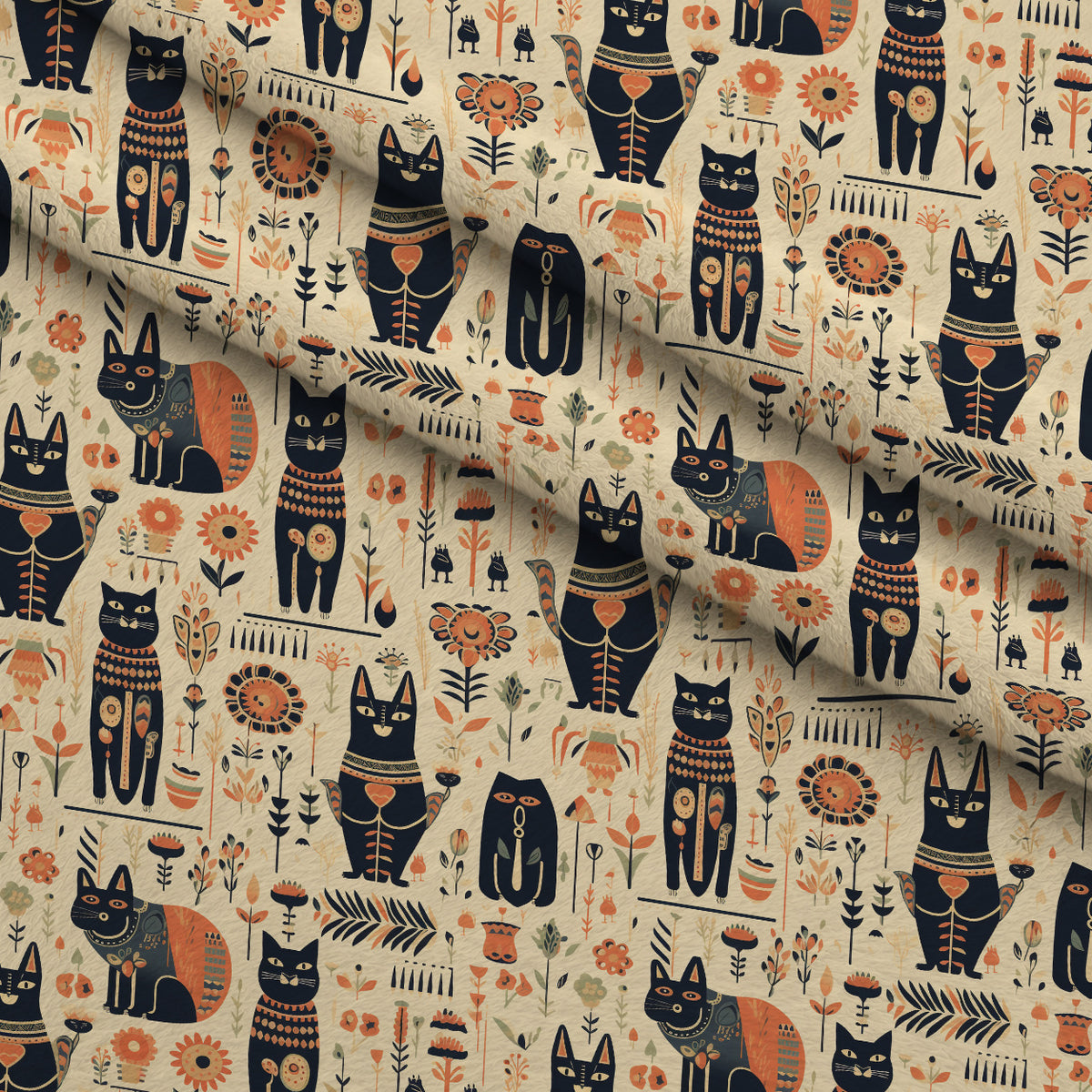 Midnight Nile Cats Pattern 14 Minky Fabric — plush minky folded close-up preview (mv-minky-v1:lying)