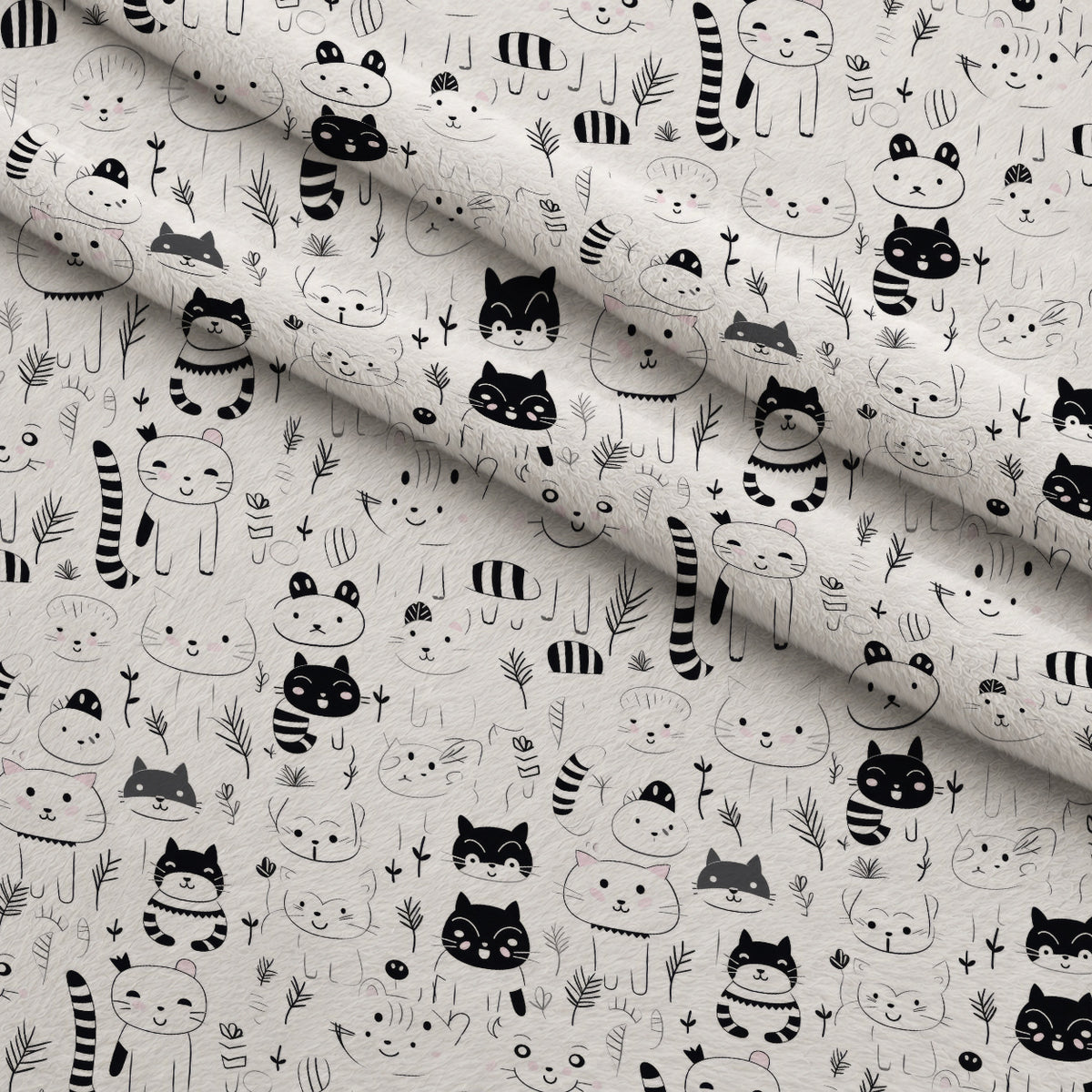 Monochrome Meows Pattern 7 Minky Fabric — plush minky folded close-up preview (mv-minky-v1:lying)