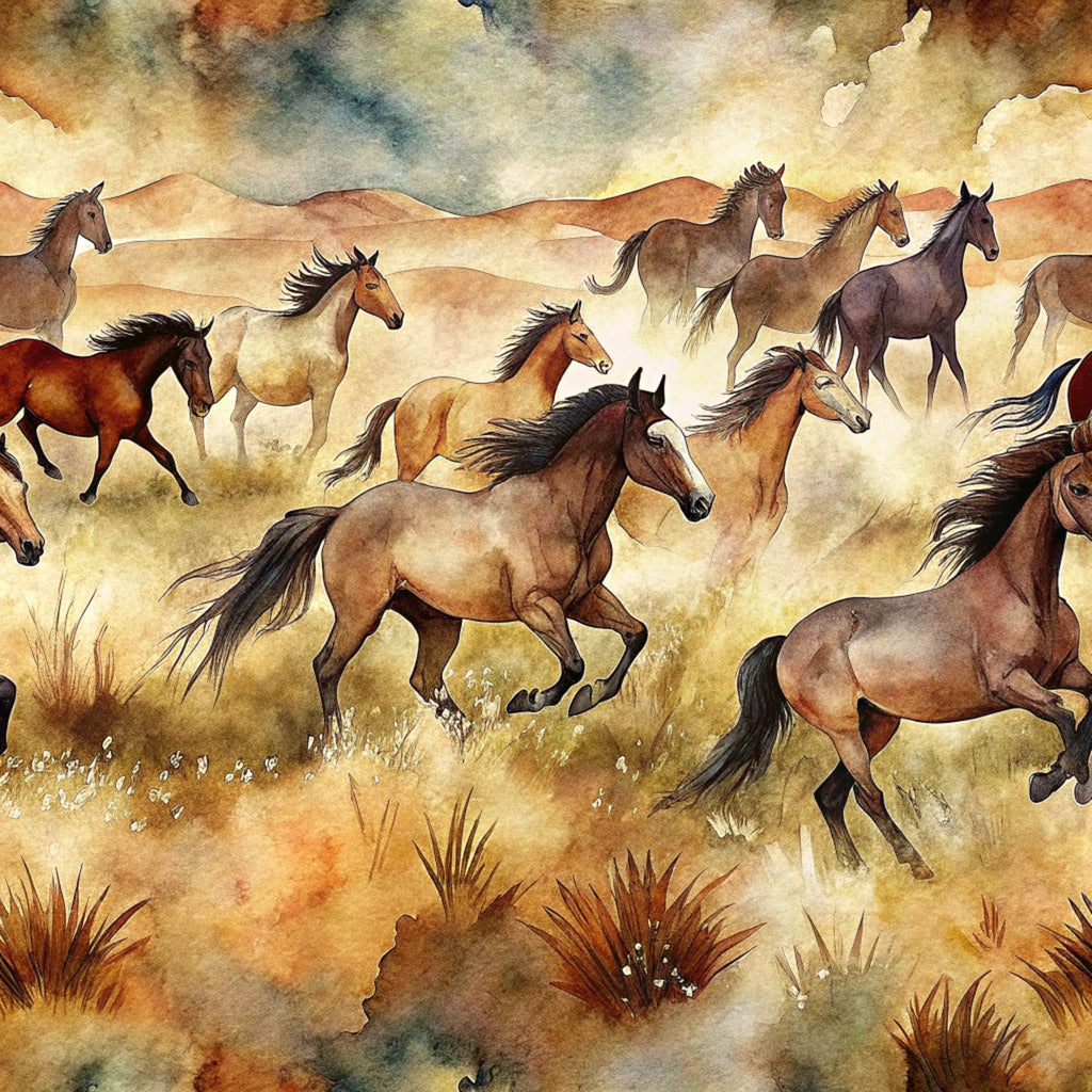 wild horses, running horses, watercolor style, brown tones, tan colors, cream shades, rust orange, dusty blue, desert landscape, prairie scene, flowing manes, galloping motion, western theme, earthy palette, grass tufts, rolling hills, dramatic sky,, fabric panel, equestrian motif