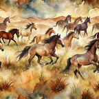 wild horses, running horses, watercolor style, brown tones, tan colors, cream shades, rust orange, dusty blue, desert landscape, prairie scene, flowing manes, galloping motion, western theme, earthy palette, grass tufts, rolling hills, dramatic sky,, fabric panel, equestrian motif